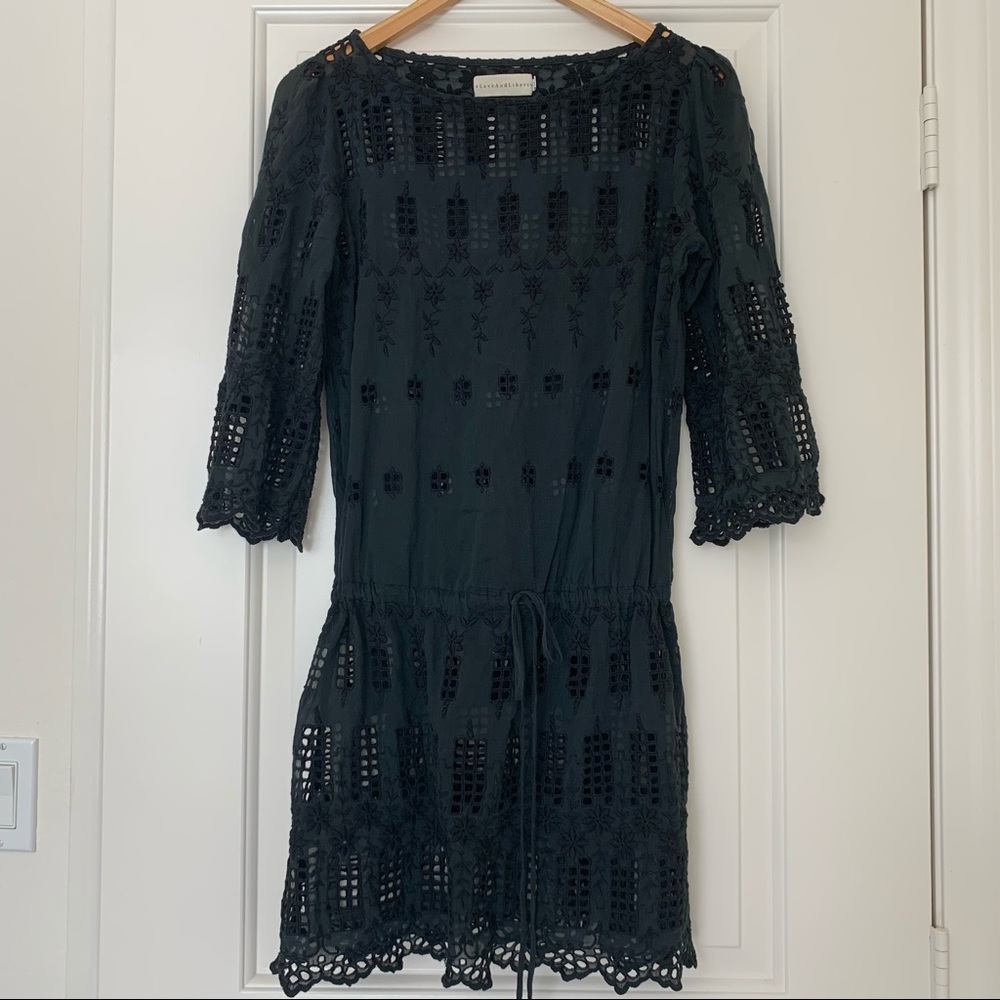 Johnny Was Black Crochet-Trim Mini Dress with Drawstring Waist